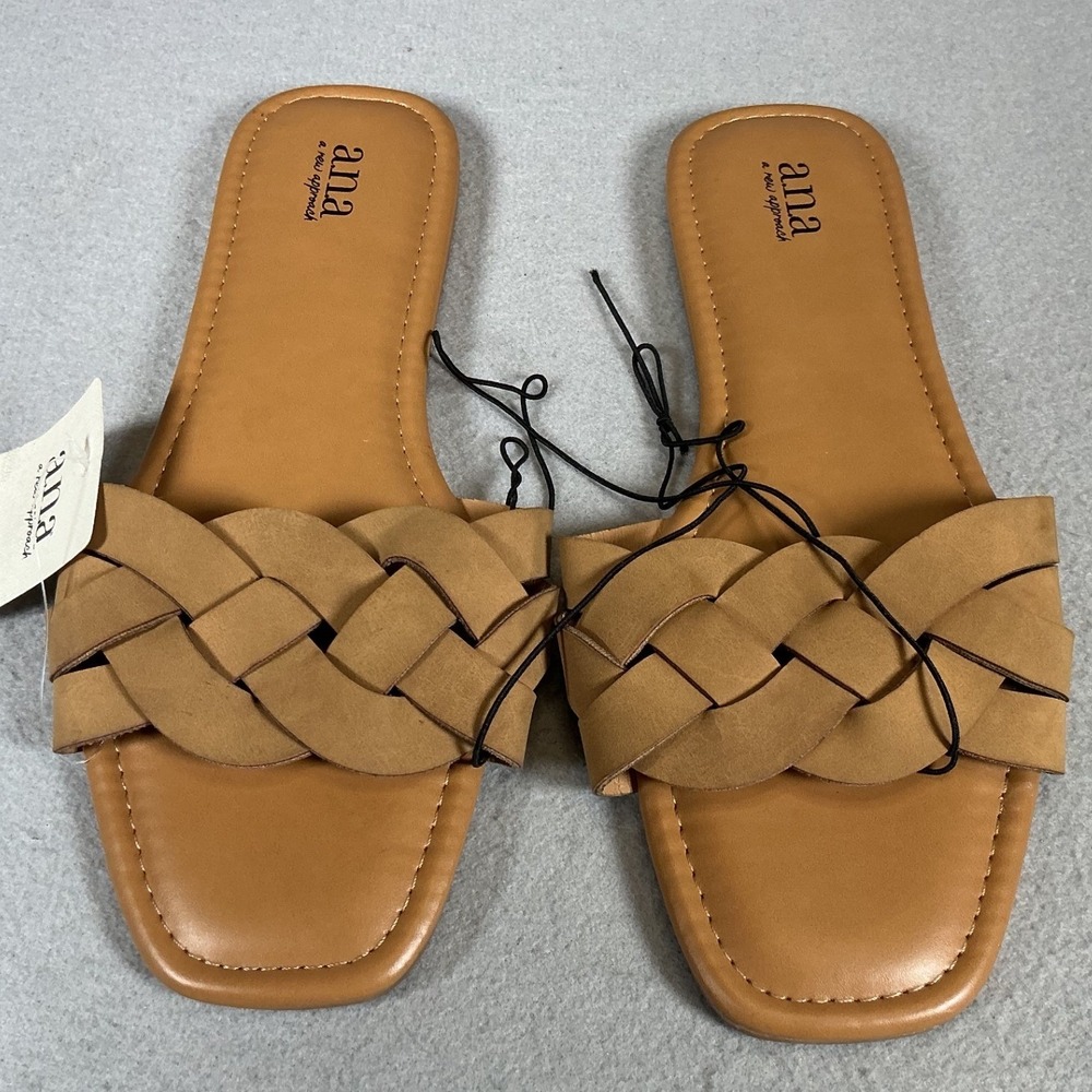 a.n.a Womens 10 Cognac Braided Slide Sandals Square Toe New Flaws